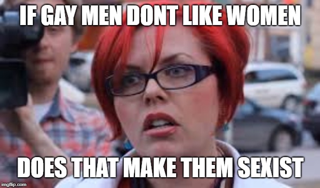 Question of the day. | IF GAY MEN DONT LIKE WOMEN; DOES THAT MAKE THEM SEXIST | image tagged in mad feminist | made w/ Imgflip meme maker