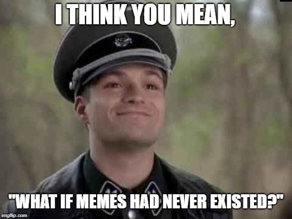 grammar nazi | I THINK YOU MEAN, "WHAT IF MEMES HAD NEVER EXISTED?" | image tagged in grammar nazi | made w/ Imgflip meme maker