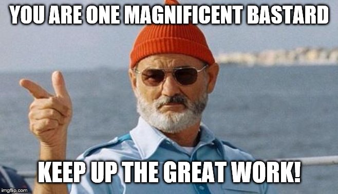Bill Murray wishes you a happy birthday | YOU ARE ONE MAGNIFICENT BASTARD KEEP UP THE GREAT WORK! | image tagged in bill murray wishes you a happy birthday | made w/ Imgflip meme maker