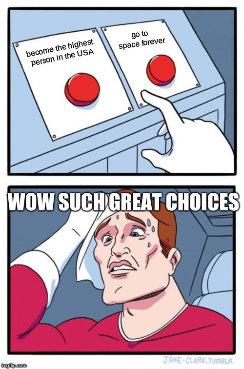 Two Buttons Meme | go to space forever; become the highest person in the USA; WOW SUCH GREAT CHOICES | image tagged in memes,two buttons | made w/ Imgflip meme maker