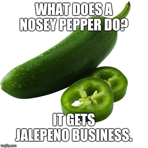 Joke  | WHAT DOES A NOSEY PEPPER DO? IT GETS JALEPENO BUSINESS. | image tagged in joke,jalepeno pepper,pepper,funny | made w/ Imgflip meme maker