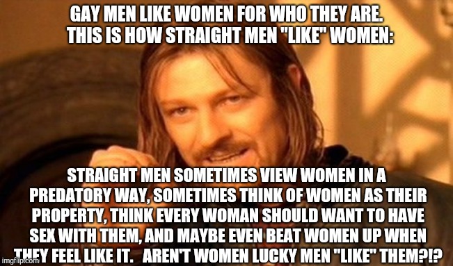 One Does Not Simply Meme | GAY MEN LIKE WOMEN FOR WHO THEY ARE.  THIS IS HOW STRAIGHT MEN "LIKE" WOMEN: STRAIGHT MEN SOMETIMES VIEW WOMEN IN A PREDATORY WAY, SOMETIMES | image tagged in memes,one does not simply | made w/ Imgflip meme maker