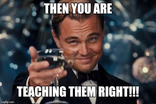 Leonardo Dicaprio Cheers Meme | THEN YOU ARE TEACHING THEM RIGHT!!! | image tagged in memes,leonardo dicaprio cheers | made w/ Imgflip meme maker