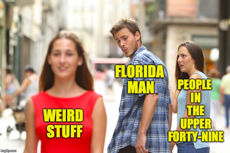 Distracted Boyfriend Meme | WEIRD STUFF FLORIDA MAN PEOPLE IN THE UPPER FORTY-NINE | image tagged in memes,distracted boyfriend | made w/ Imgflip meme maker