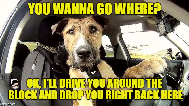 Uber Driver Replacement! | YOU WANNA GO WHERE? OK, I'LL DRIVE YOU AROUND THE BLOCK AND DROP YOU RIGHT BACK HERE | image tagged in uber driver replacement | made w/ Imgflip meme maker