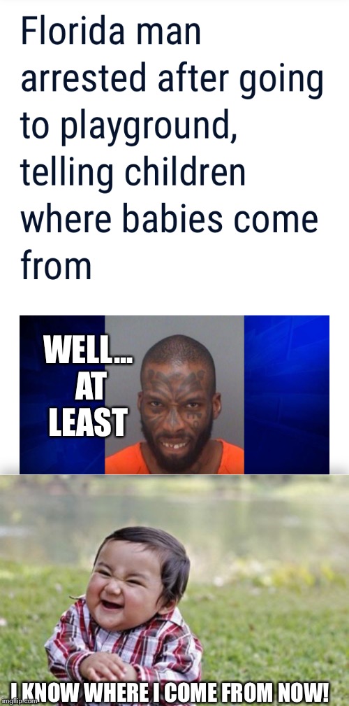 Florida Man Week | WELL... AT LEAST; I KNOW WHERE I COME FROM NOW! | image tagged in memes,evil toddler | made w/ Imgflip meme maker