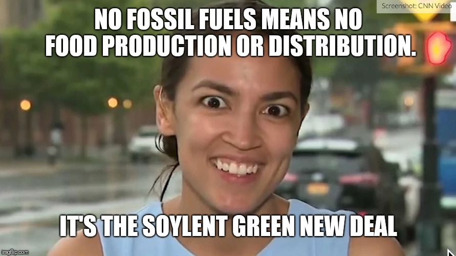 Alexandria Ocasio-Cortez | NO FOSSIL FUELS MEANS NO FOOD PRODUCTION OR DISTRIBUTION. IT'S THE SOYLENT GREEN NEW DEAL | image tagged in alexandria ocasio-cortez | made w/ Imgflip meme maker