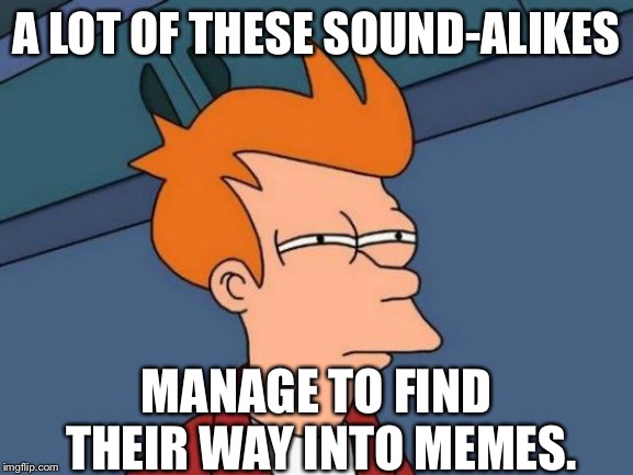 Futurama Fry Meme | A LOT OF THESE SOUND-ALIKES MANAGE TO FIND THEIR WAY INTO MEMES. | image tagged in memes,futurama fry | made w/ Imgflip meme maker