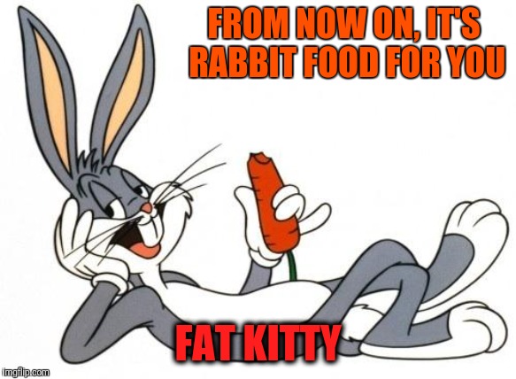 The adventure of bugs bunny | FROM NOW ON, IT'S RABBIT FOOD FOR YOU FAT KITTY | image tagged in the adventure of bugs bunny | made w/ Imgflip meme maker