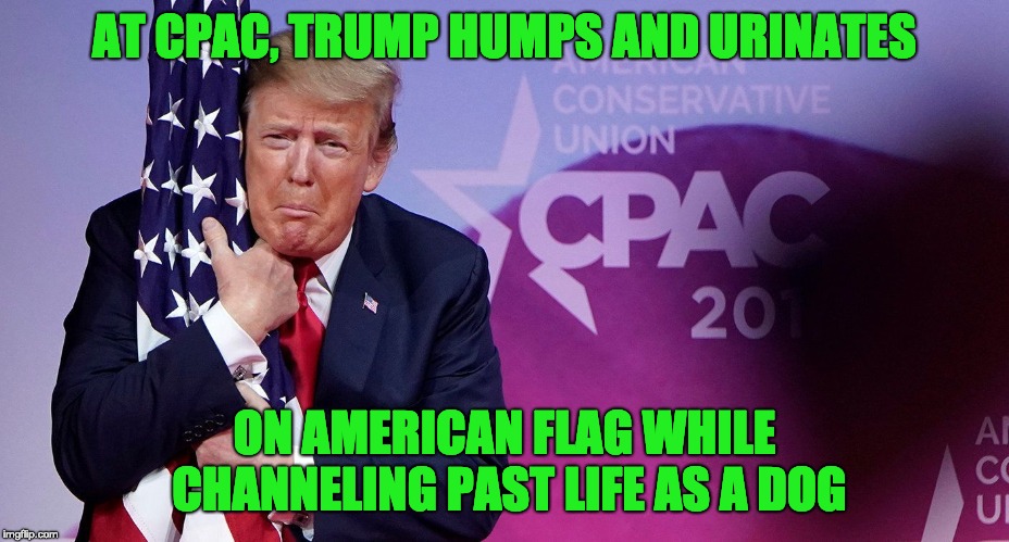 AT CPAC, TRUMP HUMPS AND URINATES; ON AMERICAN FLAG WHILE CHANNELING PAST LIFE AS A DOG | image tagged in trump,cpac,american flag | made w/ Imgflip meme maker