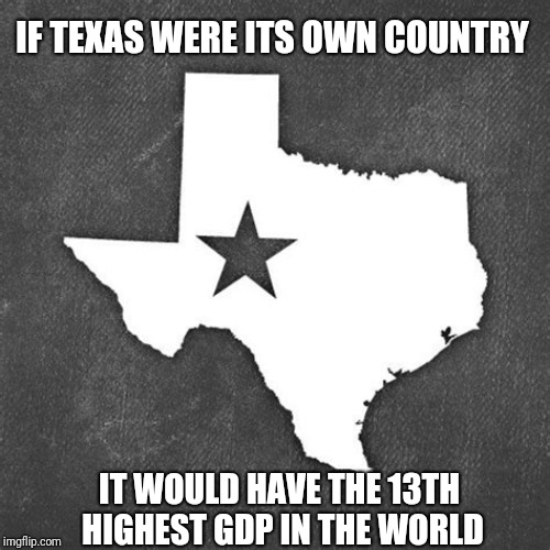 Texas Fact # 12 | IF TEXAS WERE ITS OWN COUNTRY; IT WOULD HAVE THE 13TH HIGHEST GDP IN THE WORLD | image tagged in new,texas,facts | made w/ Imgflip meme maker