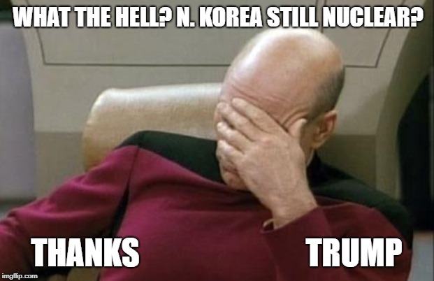 Captain Picard Facepalm | WHAT THE HELL? N. KOREA STILL NUCLEAR? THANKS                           TRUMP | image tagged in memes,captain picard facepalm | made w/ Imgflip meme maker