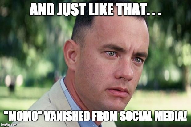No mo' Momo! | AND JUST LIKE THAT. . . "MOMO" VANISHED FROM SOCIAL MEDIA! | image tagged in forrest gump,momo,hoax,urban legend,internet hoax,spontaneous ignition | made w/ Imgflip meme maker