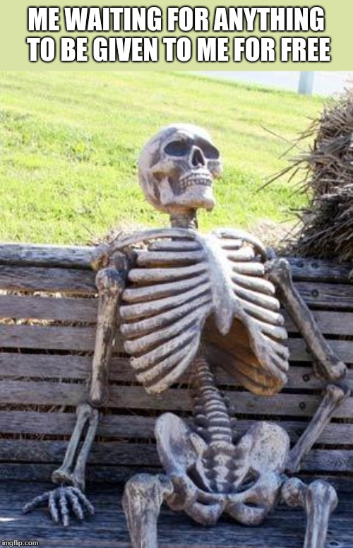 Waiting Skeleton | ME WAITING FOR ANYTHING TO BE GIVEN TO ME FOR FREE | image tagged in memes,waiting skeleton | made w/ Imgflip meme maker