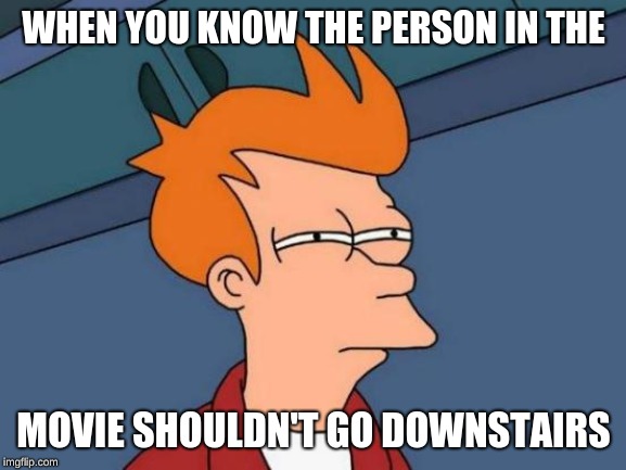 Futurama Fry Meme | WHEN YOU KNOW THE PERSON IN THE; MOVIE SHOULDN'T GO DOWNSTAIRS | image tagged in memes,futurama fry | made w/ Imgflip meme maker