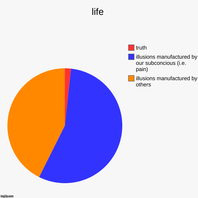 life | illusions manufactured by others, illusions manufactured by our subconcious (i.e. pain), truth | image tagged in charts,pie charts | made w/ Imgflip chart maker