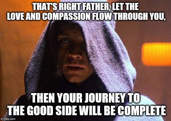 Luke Skywalker Hood | THAT'S RIGHT FATHER, LET THE LOVE AND COMPASSION FLOW THROUGH YOU, THEN YOUR JOURNEY TO THE GOOD SIDE WILL BE COMPLETE | image tagged in star wars,luke skywalker and darth vader,the force | made w/ Imgflip meme maker