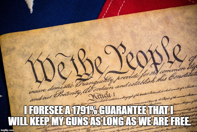 1791 keeping guns | I FORESEE A 1791% GUARANTEE THAT I WILL KEEP MY GUNS AS LONG AS WE ARE FREE. | image tagged in guns,2nd amendment | made w/ Imgflip meme maker