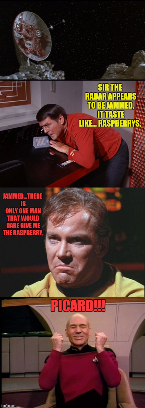 Jam That Radar | SIR THE RADAR APPEARS TO BE JAMMED, IT TASTE LIKE... RASPBERRYS. JAMMED...THERE IS ONLY ONE MAN THAT WOULD DARE GIVE ME THE RASPBERRY, PICARD!!! | image tagged in star trek,star trek the next generation,captain kirk,kirk,captain picard,picard | made w/ Imgflip meme maker