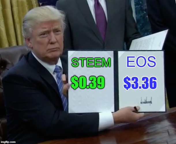 Trump Bill Signing Meme | STEEM; EOS; $0.39; $3.36 | image tagged in memes,trump bill signing | made w/ Imgflip meme maker