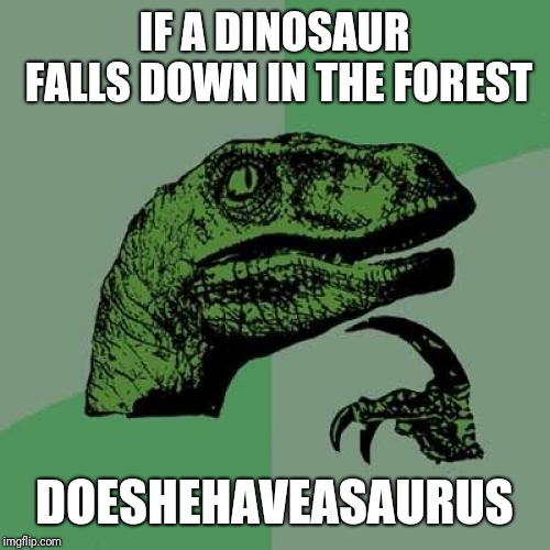 Philosoraptor Meme | IF A DINOSAUR FALLS DOWN IN THE FOREST; DOESHEHAVEASAURUS | image tagged in memes,philosoraptor | made w/ Imgflip meme maker