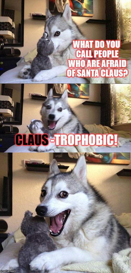 I'm feeling a little cooped up in here... | WHAT DO YOU CALL PEOPLE WHO ARE AFRAID OF SANTA CLAUS? CLAUS; -TROPHOBIC! | image tagged in memes,bad pun dog,funny,dogs,santa,phobia | made w/ Imgflip meme maker