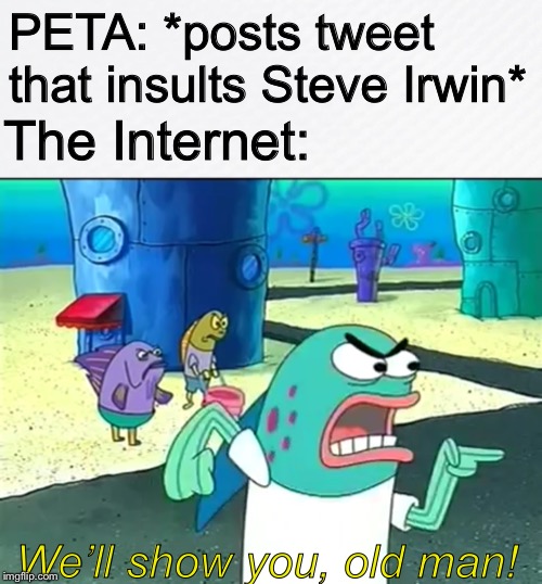 PETA’s tweet may be a dead meme, but I’m still beating it. | PETA: *posts tweet that insults Steve Irwin*; The Internet:; We’ll show you, old man! | image tagged in peta | made w/ Imgflip meme maker