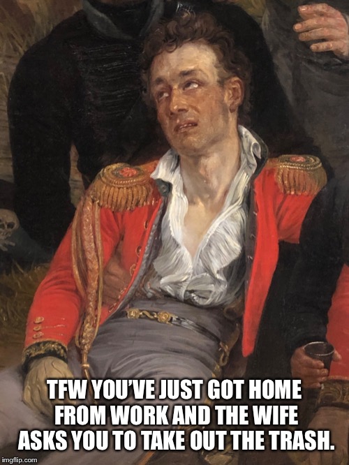 TFW YOU’VE JUST GOT HOME FROM WORK AND THE WIFE ASKS YOU TO TAKE OUT THE TRASH. | image tagged in tfw,funny,reactions | made w/ Imgflip meme maker