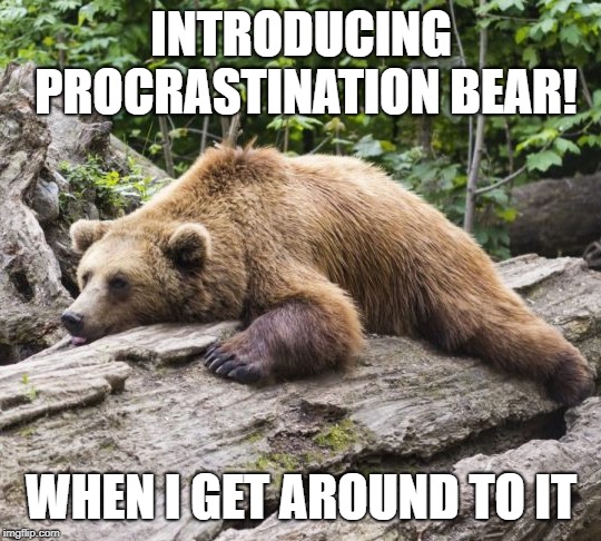 Introducing Procrastination Bear! | INTRODUCING PROCRASTINATION BEAR! WHEN I GET AROUND TO IT | image tagged in procrastination bear,memes,procrastination,time | made w/ Imgflip meme maker