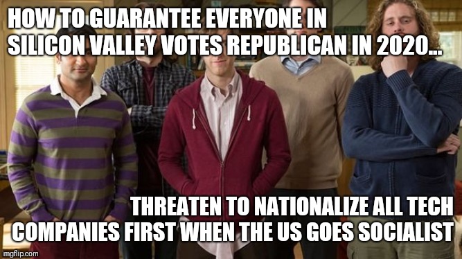 Silicon Valley | HOW TO GUARANTEE EVERYONE IN SILICON VALLEY VOTES REPUBLICAN IN 2020... THREATEN TO NATIONALIZE ALL TECH COMPANIES FIRST WHEN THE US GOES SOCIALIST | image tagged in silicon valley | made w/ Imgflip meme maker