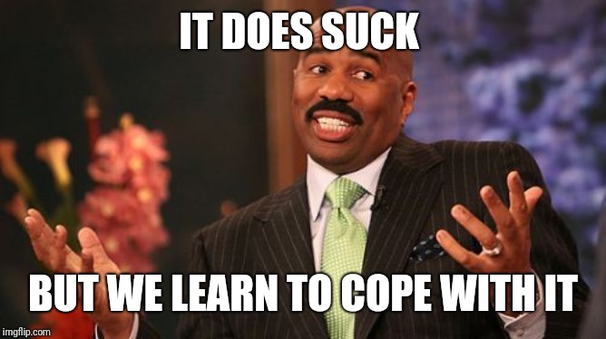 Steve Harvey Meme | IT DOES SUCK BUT WE LEARN TO COPE WITH IT | image tagged in memes,steve harvey | made w/ Imgflip meme maker