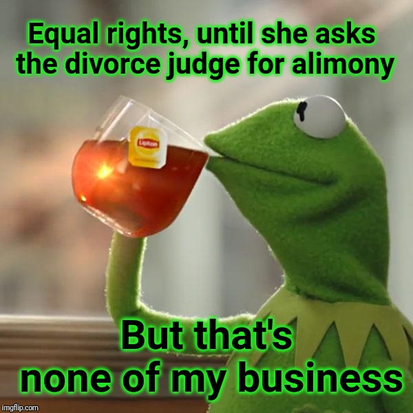 Equal Rights Wife | Equal rights, until she asks the divorce judge for alimony; But that's none of my business | image tagged in memes,but thats none of my business,equal rights,justjeff,feminist,divorce | made w/ Imgflip meme maker