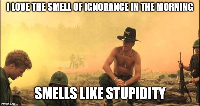 I love the smell of napalm in the morning | I LOVE THE SMELL OF IGNORANCE IN THE MORNING SMELLS LIKE STUPIDITY | image tagged in i love the smell of napalm in the morning | made w/ Imgflip meme maker