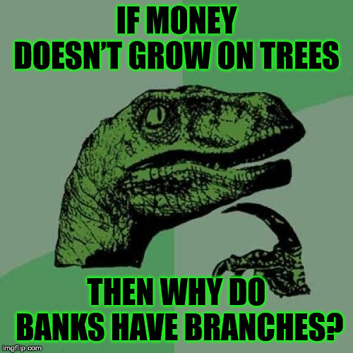I would like to walk into that forest... | IF MONEY DOESN’T GROW ON TREES; THEN WHY DO BANKS HAVE BRANCHES? | image tagged in memes,philosoraptor,funny,money,trees,stupid question | made w/ Imgflip meme maker