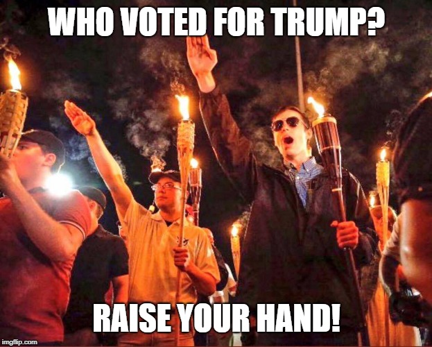 Alt-Right Nazis Trump | WHO VOTED FOR TRUMP? RAISE YOUR HAND! | image tagged in alt-right nazis trump | made w/ Imgflip meme maker