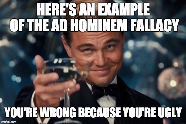 Leonardo Dicaprio Cheers Meme | HERE'S AN EXAMPLE OF THE AD HOMINEM FALLACY YOU'RE WRONG BECAUSE YOU'RE UGLY | image tagged in memes,leonardo dicaprio cheers | made w/ Imgflip meme maker