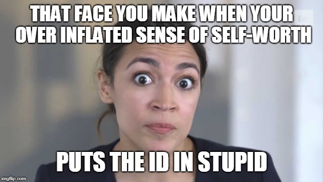 Crazy Alexandria Ocasio-Cortez | THAT FACE YOU MAKE WHEN YOUR OVER INFLATED SENSE OF SELF-WORTH; PUTS THE ID IN STUPID | image tagged in crazy alexandria ocasio-cortez | made w/ Imgflip meme maker