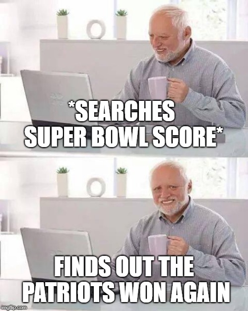 PATS MEME #3 | *SEARCHES SUPER BOWL SCORE*; FINDS OUT THE PATRIOTS WON AGAIN | image tagged in memes,hide the pain harold | made w/ Imgflip meme maker