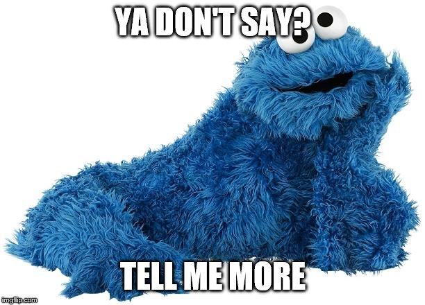 Cookie Monster | YA DON'T SAY? TELL ME MORE | image tagged in cookie monster | made w/ Imgflip meme maker