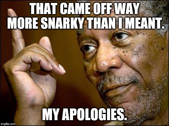 This Morgan Freeman | THAT CAME OFF WAY MORE SNARKY THAN I MEANT. MY APOLOGIES. | image tagged in this morgan freeman | made w/ Imgflip meme maker