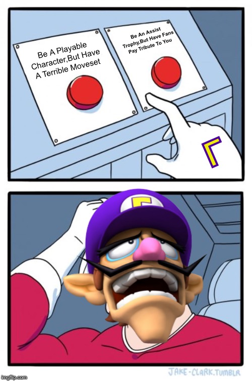 Two Buttons Meme | Be An Assist Trophy,But Have Fans Pay Tribute To You; Be A Playable Character,But Have A Terrible Moveset; Γ | image tagged in memes,two buttons | made w/ Imgflip meme maker