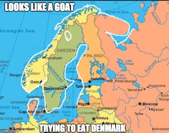 The Goat Map | LOOKS LIKE A GOAT; TRYING TO EAT DENMARK | image tagged in memes,denmark,norway,sweden,finland,map | made w/ Imgflip meme maker