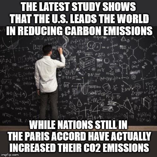 Math | THE LATEST STUDY SHOWS THAT THE U.S. LEADS THE WORLD IN REDUCING CARBON EMISSIONS; WHILE NATIONS STILL IN THE PARIS ACCORD HAVE ACTUALLY INCREASED THEIR CO2 EMISSIONS | image tagged in math | made w/ Imgflip meme maker