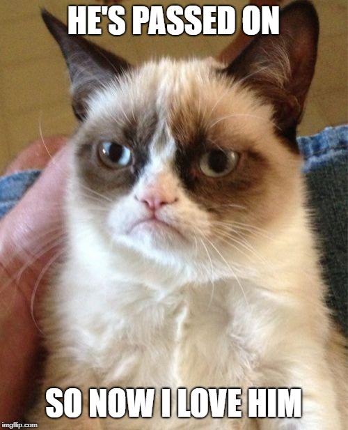 Grumpy Cat Meme | HE'S PASSED ON SO NOW I LOVE HIM | image tagged in memes,grumpy cat | made w/ Imgflip meme maker
