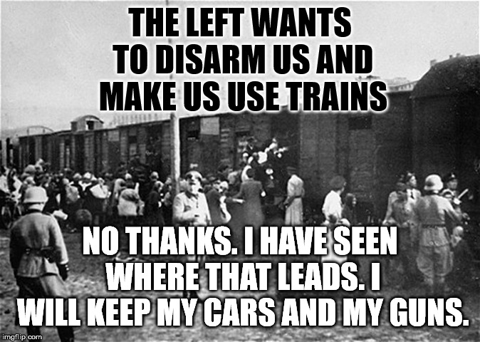 Holocaust Train | THE LEFT WANTS TO DISARM US AND MAKE US USE TRAINS; NO THANKS. I HAVE SEEN WHERE THAT LEADS. I WILL KEEP MY CARS AND MY GUNS. | image tagged in holocaust train | made w/ Imgflip meme maker
