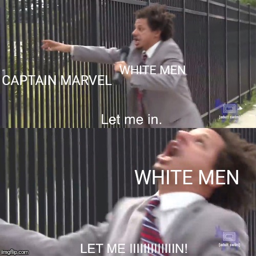 Brie Larson was definitely joking, right guys...? | CAPTAIN MARVEL; WHITE MEN; WHITE MEN | image tagged in let me in,captain marvel | made w/ Imgflip meme maker