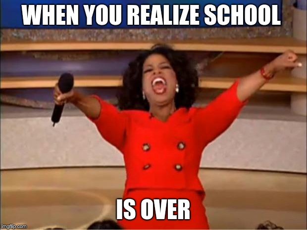 Oprah You Get A | WHEN YOU REALIZE SCHOOL; IS OVER | image tagged in memes,oprah you get a | made w/ Imgflip meme maker