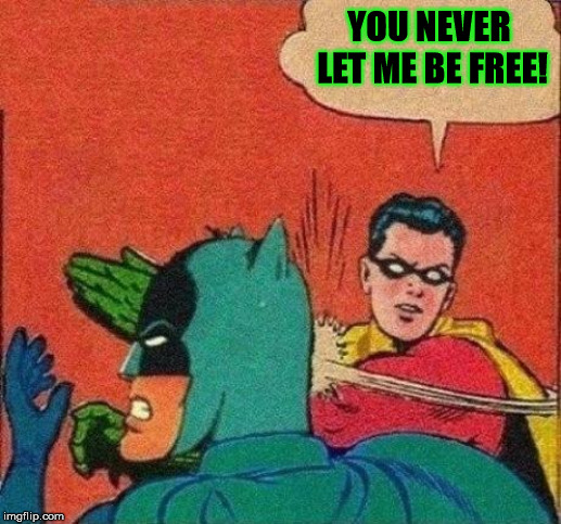 Robin Slaps Batman | YOU NEVER LET ME BE FREE! | image tagged in robin slaps batman | made w/ Imgflip meme maker