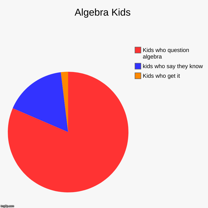 Algebra Kids | Kids who get it, kids who say they know, Kids who question algebra | image tagged in charts,pie charts | made w/ Imgflip chart maker