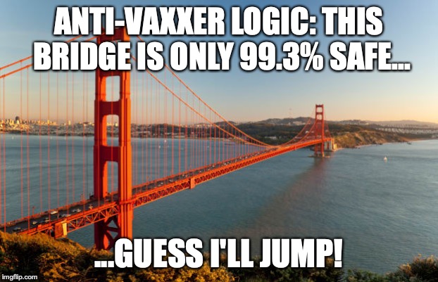 If you are antivax, please stop and get some help. | ANTI-VAXXER LOGIC: THIS BRIDGE IS ONLY 99.3% SAFE... ...GUESS I'LL JUMP! | image tagged in memes,funny,anti vax,vaccines,logic | made w/ Imgflip meme maker